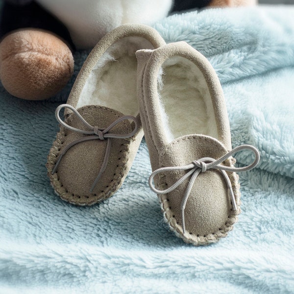 Childrens Sheepskin Moccasin Slippers Soft Suede Leather Sole with Sheep Wool Lining Lace Tie Kids Lambland UK Made Handcrafted Moccasins