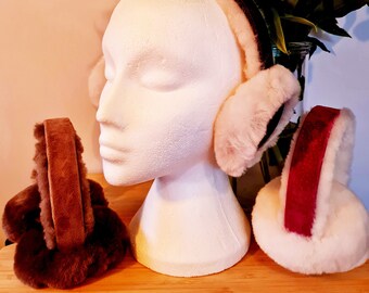Womens Sheepskin Suede Luxury Ear Warmers Earmuffs Easy Folding Storage Winter Walks Brown Pink Cold Weather Warmer