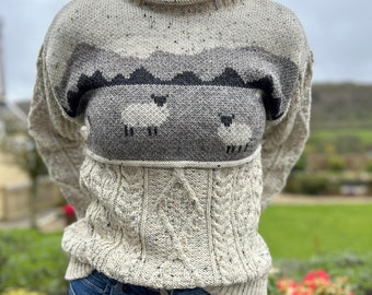 Womens 100% wol schapen gebreide trui fijn gebreide ongevoerde Aran trui natuurlijke ingerichte Pullover UK gemaakt landkleding