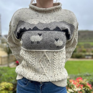 Womens 100% Wool Sheep Knitted Jumper Fine Knit Unlined Aran Sweater Natural Fitted Pullover UK Made Country Wear image 1