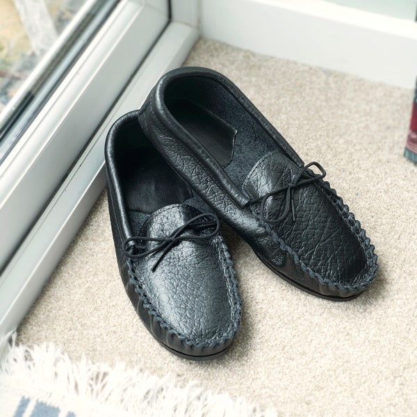 Mens Leather Moccasin Slippers Rubber PVC Sole Unlined Hard Wearing Durable Lace Tie Men Lambland UK Made Handcrafted Moccasins Easy Clean