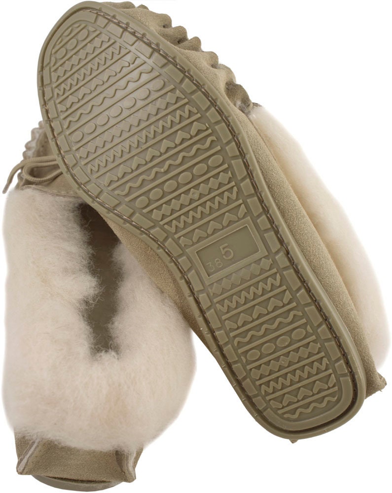 ◆KOMOREBI MUSEUM◆ Cup sole suede lamb shearling buckle lon Womens Sheepskin Moccasin Slippers Beige Rubber PVC Sole