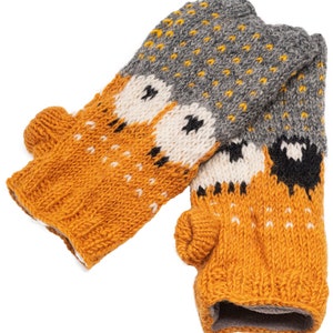 100% Wool Wrist Warmers Sheep Design Hand Knitted Fair Trade Handmade Fleece Lining Fingerless Mittens Extremely Warm Ladies Womens Orange image 3
