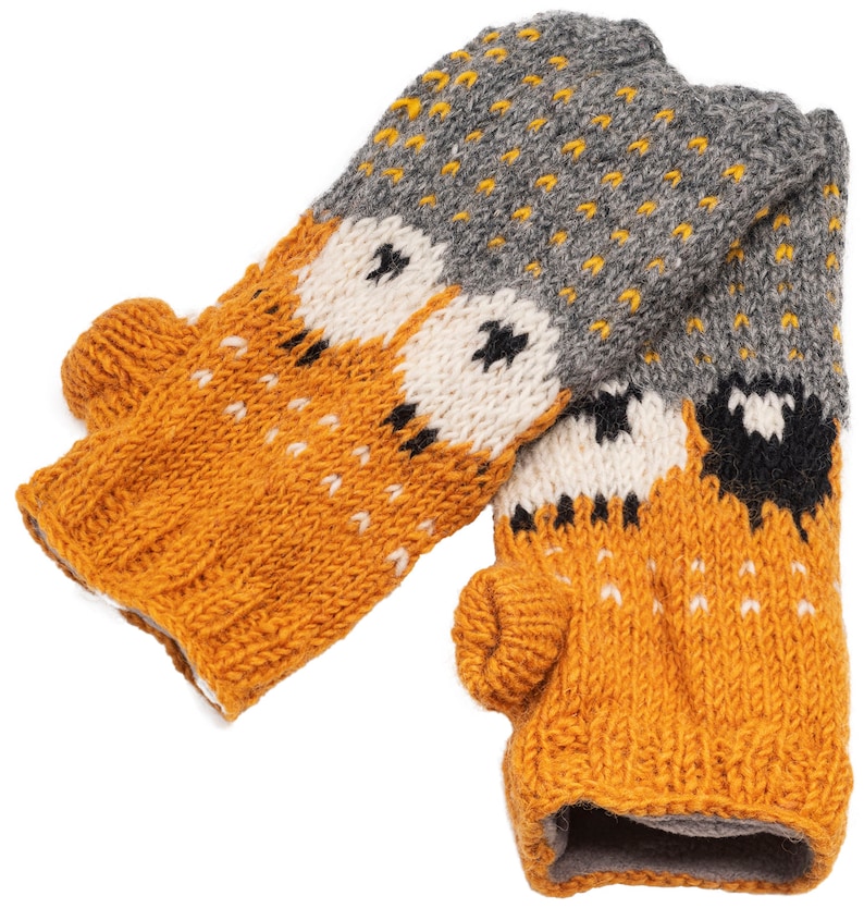 100% Wool Wrist Warmers Sheep Design Hand Knitted Fair Trade Handmade Fleece Lining Fingerless Mittens Extremely Warm Ladies Womens Orange image 3