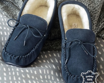 Schapenvacht mocassinpantoffels heren: handgemaakt suède met voering van lamswol