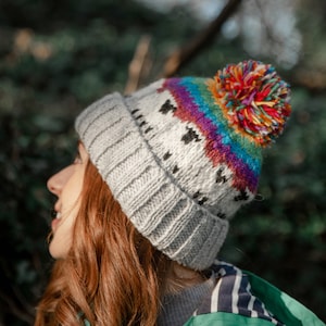 100% Wool Bobble Beanie Sheep Hat Hand Knitted Fair Trade Handmade Fleece Lining Pompom Hat Extremely Warm Ladies Womens Rainbow Grey