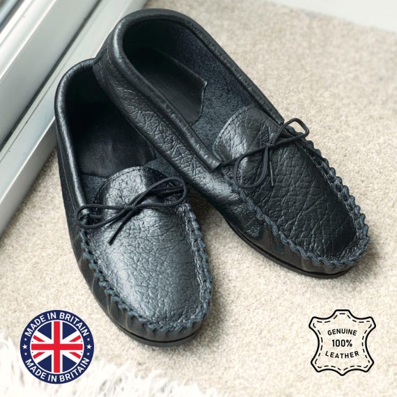 Mens Leather Moccasin Slippers, Handcrafted Lambland UK