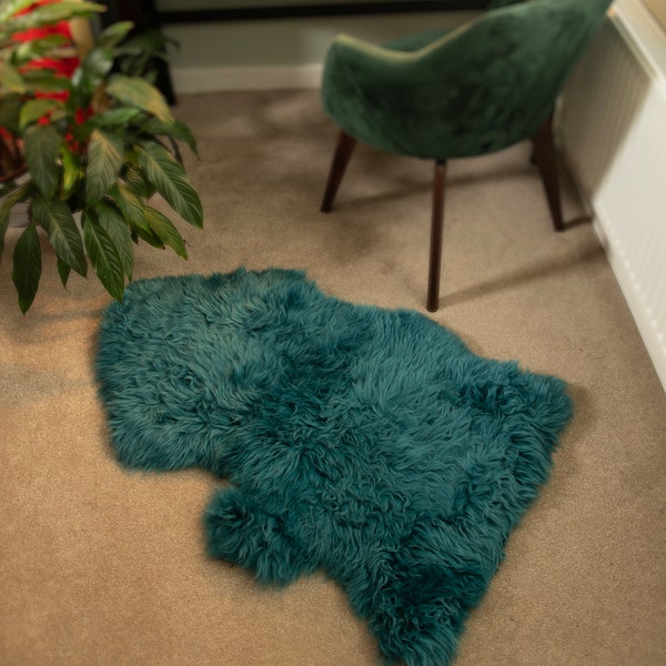 Genuine Sheepskin Rug 100% Natural Grade A Teal Blue Quality British Sourced Moorland Hide Pelt Large Single Double Quad