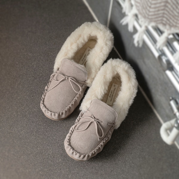 Womens Sheepskin Moccasin Slippers Stone Beige Rubber PVC Sole Lambs Wool Lining Lace Tie Ladies Lambland Handcrafted Moccasins