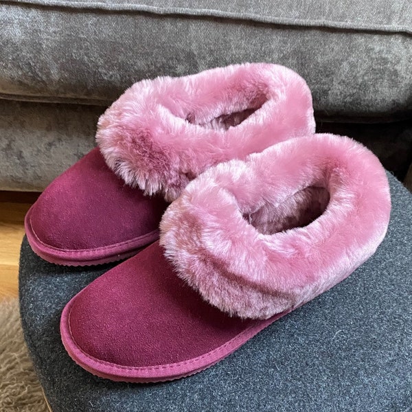 Womens Sheepskin Slip On Bootie Slippers Dark Purple Lightweight EVA Sole Shearling Lining Boot House Shoes Ladies Lambland Handcrafted