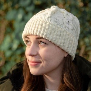 Womens Kitted 100% Wool Aran Knit Unlined Beanie Hat British Wool Lambland UK Made One Size Fits All Cream