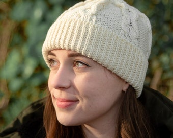 Womens  Kitted 100% Wool Aran Knit Unlined Beanie Hat British Wool Lambland UK Made One Size Fits All