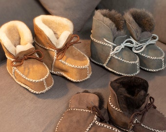 Childrens Babies Sheepskin Booties Luxury Shearling Lining Suede Outer Lace Tie Boot Slipper Cold Weather Lambland Hand Crafted