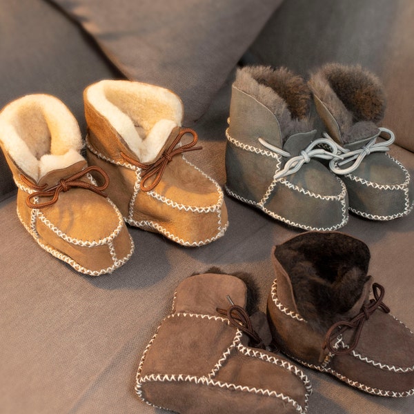 Childrens Babies Sheepskin Booties Luxury Shearling Lining Suede Outer Lace Tie Boot Slipper Cold Weather Lambland Hand Crafted