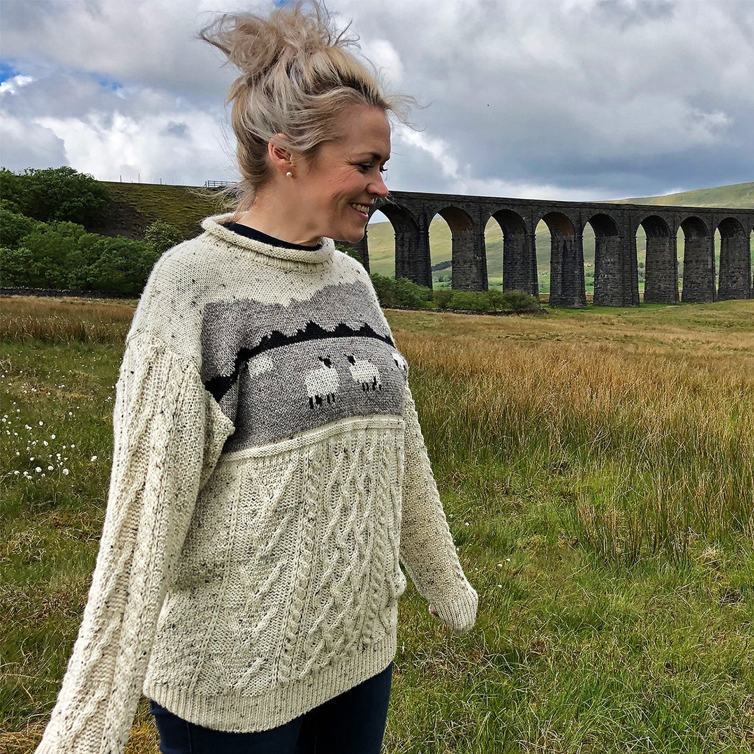 Wool Jumper with Sheepskin trim Sleeves in Pearl