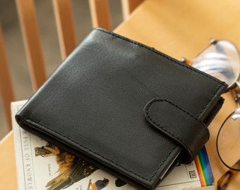 Men's Super Soft Sheep Leather Bill Fold Wallet with Flip Up ID Licencse Section Black Wallets for Men RFID Protected