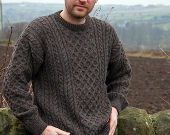 Men's Jacob Wool 100% Wool Knitted Jumper Fine Knit Unlined Aran Sweater Dark Brown Fair Trade Fitted Pullover UK Made Country Wear