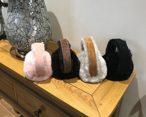 Lambland Womens Sheepskin Suede Luxury Ear Warmers Earmuffs Easy Folding Storage Winter Walks Brown Pink Cold Weather Warmer