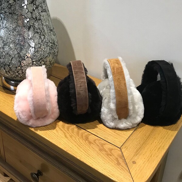 Womens Sheepskin Suede Luxury Ear Warmers Earmuffs Easy Folding Storage Winter Walks Brown Pink Cold Weather Warmer