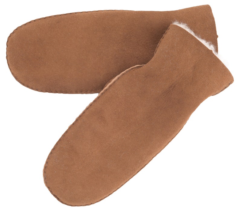 Womens Luxury Genuine Sheepskin Hand Stitched Sheepskin Mittens with Roll Up Roll Down Cuffs Wool Out Detail Shearling Lining Tan Lambland image 2