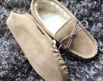 Womens Sheepskin Moccasin Slippers Soft Suede Leather Sole With