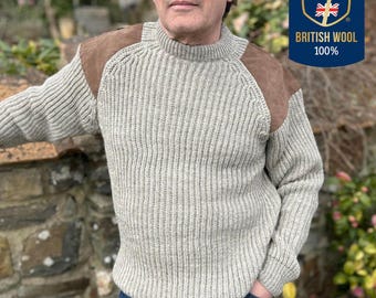 Men's British Wool Jumper: Suede Patch Crew Neck Pullover
