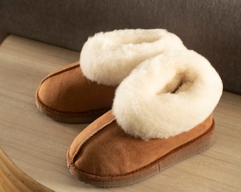 Children's Kids' Merino Sheepskin Boot Slippers Brown Rubber Sole Non Slip Hand Crafted Vegetable Tanned Lambland