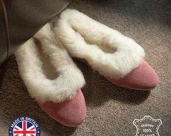 Pantofole da donna in pelle di pecora, suola in pelle scamosciata rosa, fatte a mano