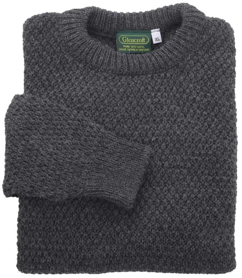 Mens Spare Yarn 100% Wool Hand Knitted Jumper Fine Knit Unlined Aran Sweater Charcoal Grey Fair Trade Fitted Pullover UK Made Country Wear image 2