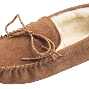 Mens Sheepskin Moccasin Slippers Soft Suede Sole with Lambs Wool Lining Lace Tie Men Lambland Handcrafted Moccasins Light Brown image 2