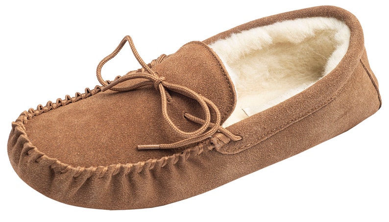 Mens Sheepskin Moccasin Slippers Soft Suede Sole with Lambs Wool Lining Lace Tie Men Lambland Handcrafted Moccasins Light Brown image 2