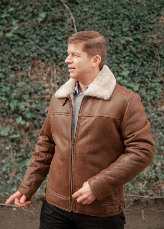 Hombre Aviador Acabado Chaqueta Premium Cuero Exterior -