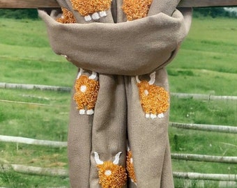 Beige Scarf with Mohair Highland Cow Design Hand Embroidered Lightweight Accessory Gifts for Women