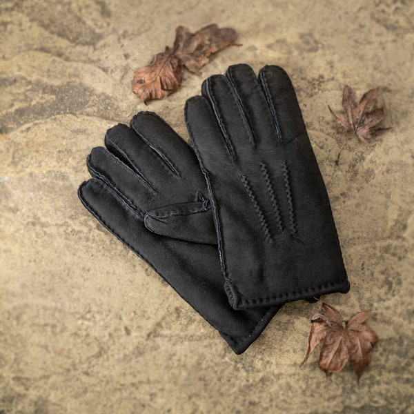 Men's Luxury Genuine Classic Sheepskin Hand Stitched Gloves Suede Outer Shearling Inner Lambland Tan Black  Brown Supreme Quality