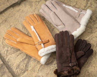 Womens Luxury Genuine Sheepskin Hand Stitched Wool Out Fluffy Gloves Suede Outer Shearling Inner Lambland Tan Black Supreme Quality