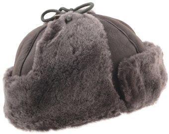 Men's Luxury Sheepskin Hand Stitched Trapper Cold Weather Hiking Hat for  Men Brown Tan Fluffy Ear Muffs 