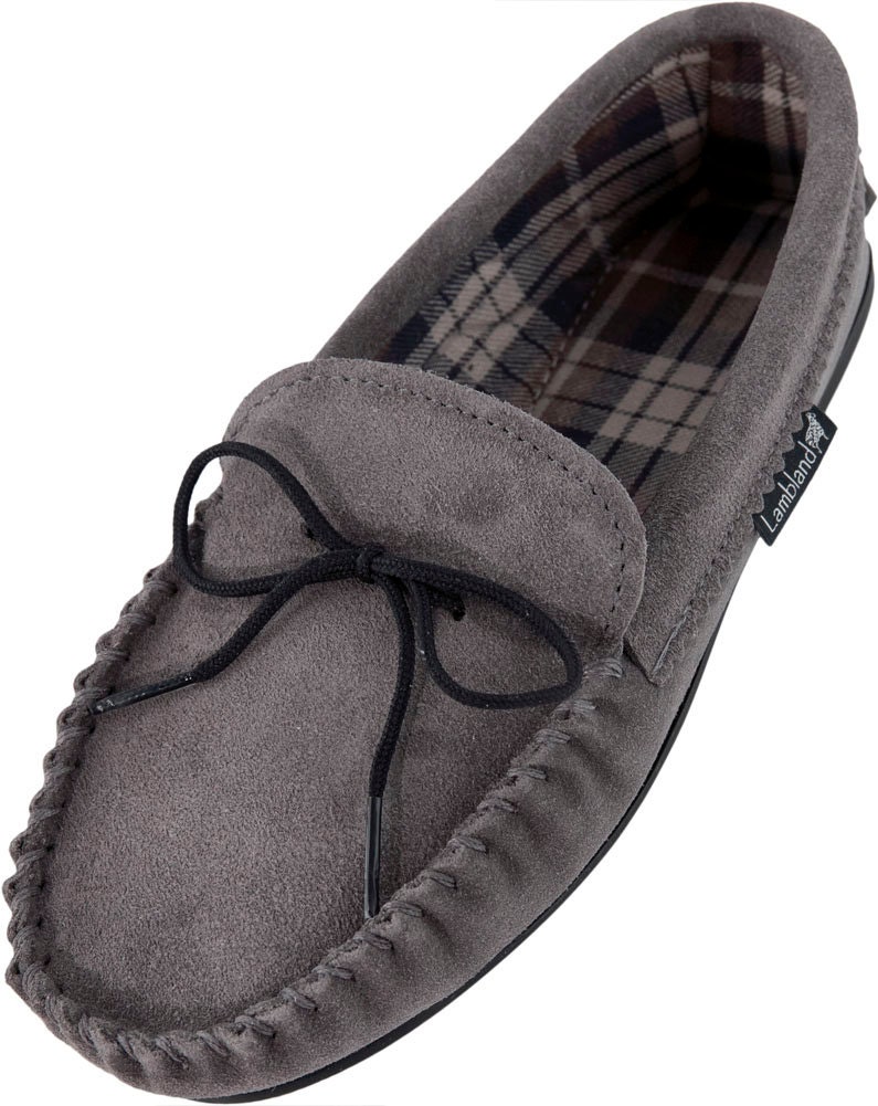 Mens Sheepskin Moccasin Slippers Rubber PVC Sole with Cotton Lining Lace Tie Men Lambland UK Made Handcrafted Moccasins Blue Grey