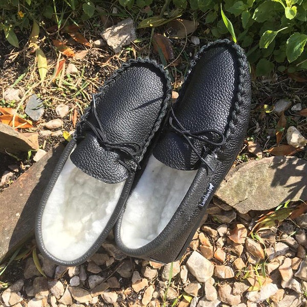 Mens Premium Leather Moccasin Slippers Rubber PVC Sole with Lambs Wool Lining Lace Tie Men Lambland UK Made Handcrafted Moccasins Black