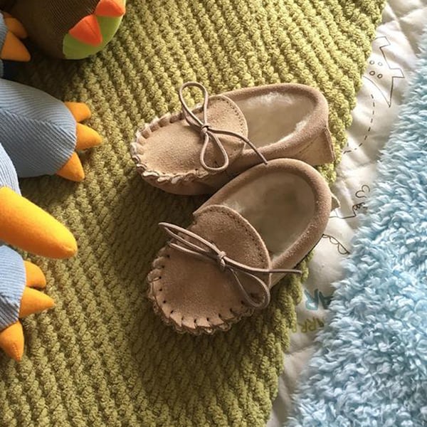 Childrens Sheepskin Moccasin Slippers Soft Suede Leather Sole with Sheep Wool Lining Lace Tie Kids Lambland UK Made Handcrafted Moccasins