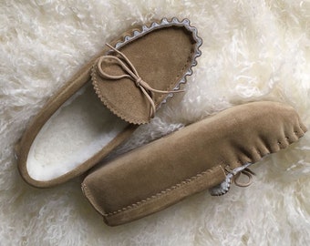 Womens Premium Sheepskin Moccasin Slippers Soft Suede Sole with Shearling Lining Lace Tie Ladies Lambland UK Made Handcrafted Moccasins