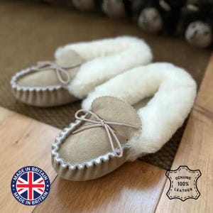 Womens Sheepskin Moccasin Slippers: Shearling Lined Suede, UK Handcrafted