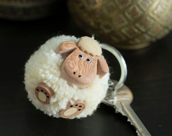 Hand Crafted Fluffy Pom Pom Sheep Lamb Keyring Wooden Key Ring Charm for House Car Shed Keys for Men Women and Children (Pair) (Set of 2)