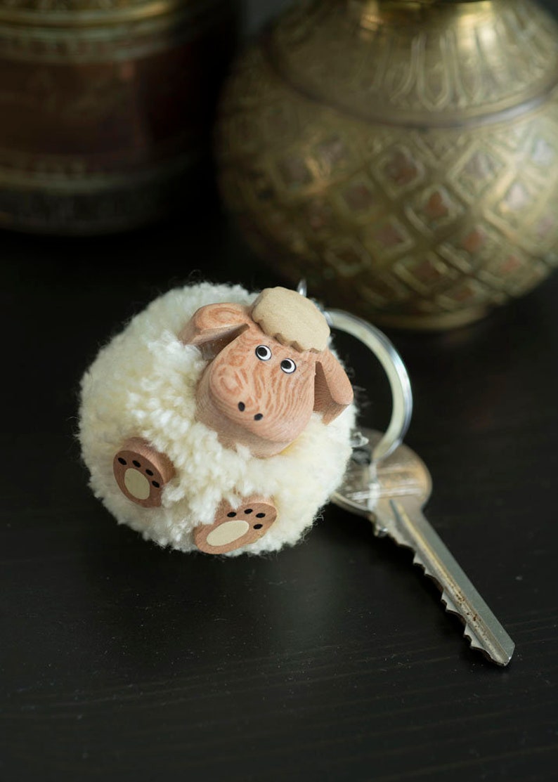 Hand Crafted Fluffy Pom Pom Sheep Lamb Keyring Wooden Key Ring Charm for House Car Shed Keys for Men Women and Children Pair Set of 2 image 1