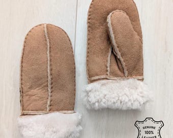 Childrens Babies Sheepskin Thumb Mittens Luxury Shearling Lining Suede Outer Roll Up Down Kids Gloves Cold Weather Lambland Hand Crafted