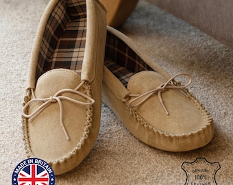 Men's Suede Moccasin Slippers: Soft Sole, Cotton Lined, UK Made