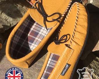 Chaussons mocassins en cuir grainé pour hommes, doublés de coton, fabriqués au Royaume-Uni
