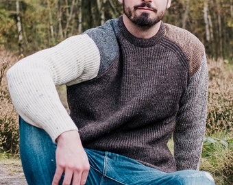 Men's Yorkshire Tweed 100% Wool Knitted Jumper Fine Knit Unlined Aran Sweater Multi Pattern Fair Trade Fitted Pullover UK Made