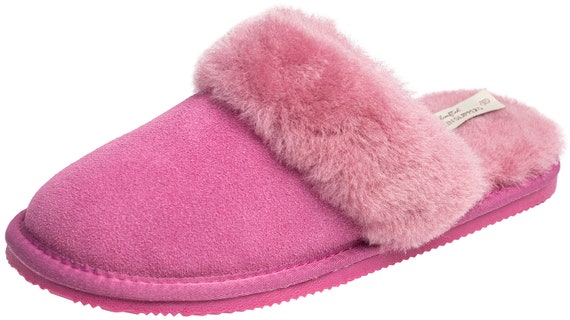 Womens Sheepskin Slip on Mule Slippers Bright Pink Rubber PVC Sole