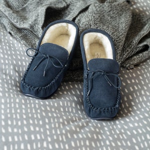 Mens Sheepskin Moccasin Slippers Hard Rubber Sole with Lambs Wool Lining Lace Tie Men Lambland Handcrafted Moccasins Navy Blue