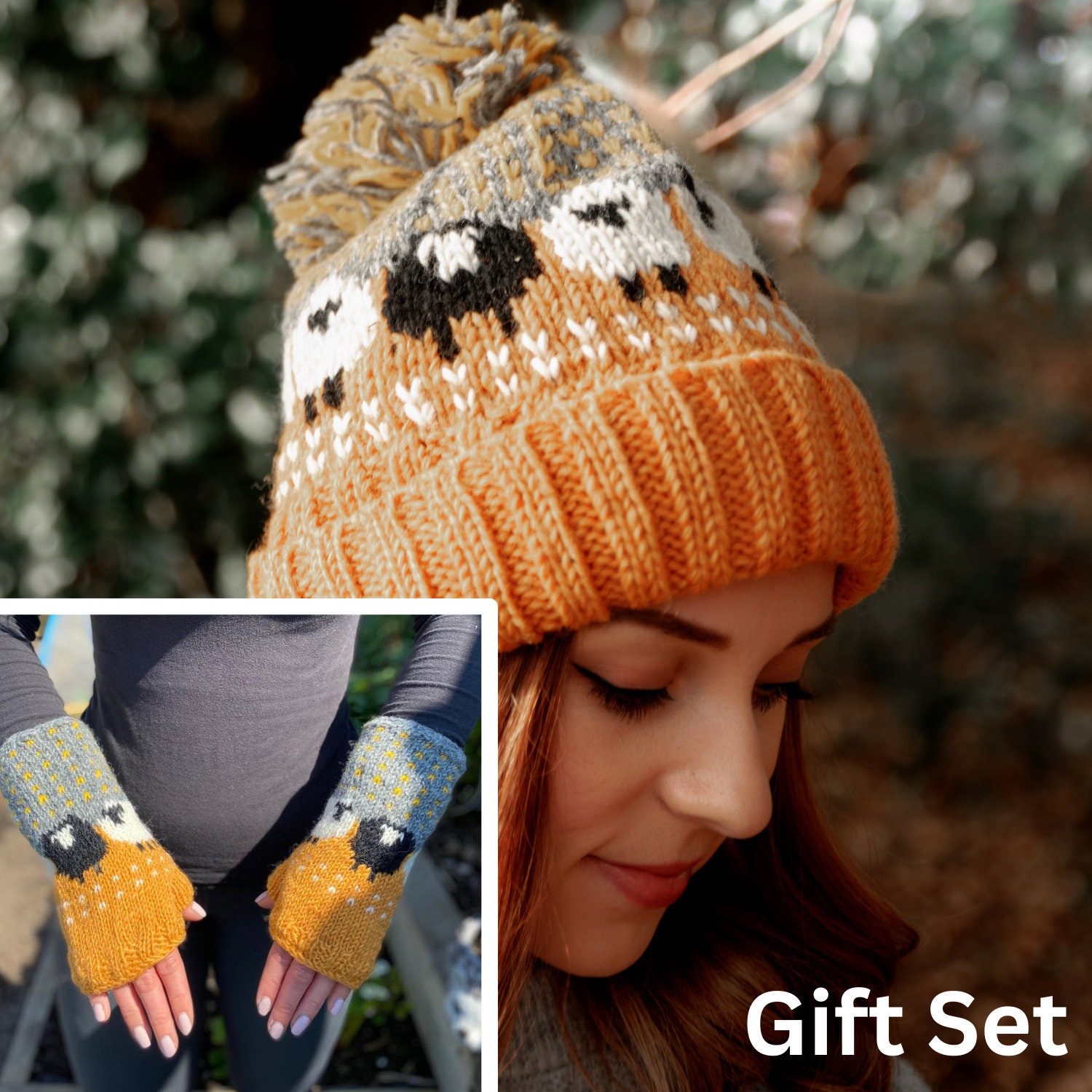 Chunky Knit Sheep Fingerless Mittens and Headband Set - Ochre